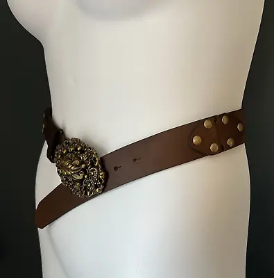 VTG CAbi Brown Leather Belt Grommets Womens S~Oval Beaded Brass Buckle • $21.99