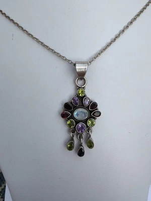£22.99 • Buy Sterling Silver Necklace With Multi Gem Pendant 20g Not Scrap