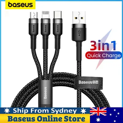 $7.99 • Buy Baseus 3 In 1 3.5A USB To Type-C Micro Charger Cable Charging Lead For IPhone