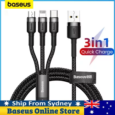 Baseus 3 In 1 3.5A USB To Type-C Micro Charger Cable Charging Lead For IPhone • $8.09