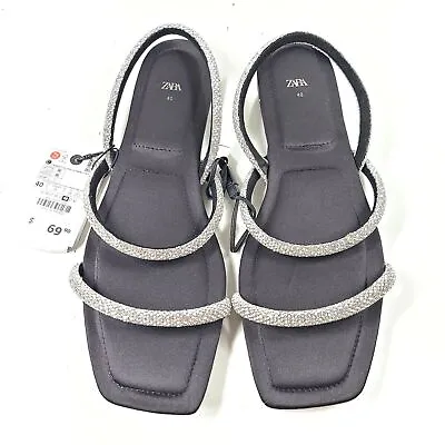 Zara Women's Flat Sandals With Rhinestone Straps Foam Sole Comfort Sz 9 • $29.99