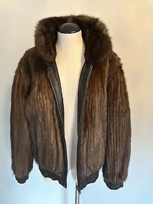 Women’s Chocolate Brown Leather And Striated Mink Reversible Bomber Jacket Sz S • $175