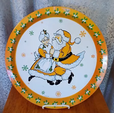 Giftco Vintage 1981 Dancing Santa & Mrs. Claus Metal Round Orange & White Tray • $20