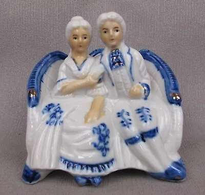 Seated Couple Figurine. Vintage White & Blue Porcelain. Period Costume Man Woman • £9.99