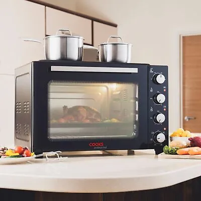 48L Mini Oven Hob Cooker Grill With Electric Hob Double Hotplate Tabletop Black • £199.99