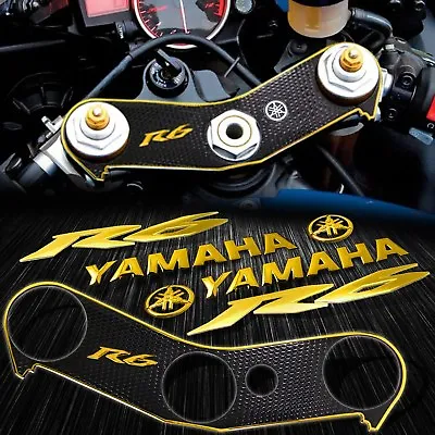 Handle Bar Yoke Cover Black+Chrome Gold 6  Logo+Emblem Sticker For 06-16 YZF R6 • $43.88