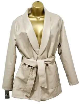 Miss Guided Leather Look Beige Camel Fleeced Wrap Jacket Size 10 • £15