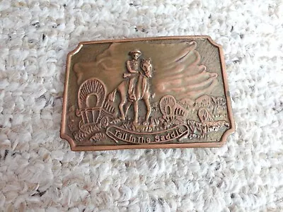 Vintage Tall In The Saddle Cowboy Wagon Old West Belt Buckle Brass Copper • $4.95