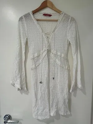 Tigerlily Eyelet V-Neck Long Sleeve Boho Mini Dress White Size 8 • $36