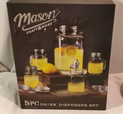 Mason Jars Glass Beverage Drink Dispenser & Mugs  5 Piece Set (4) 16oz Mugs • $34.99