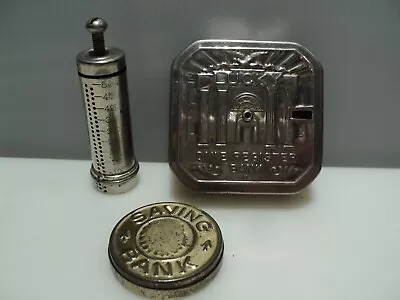 3 Vintage Metal Banks- Lucky Dime Register Little Gem. Small Round Saving Bank • $25