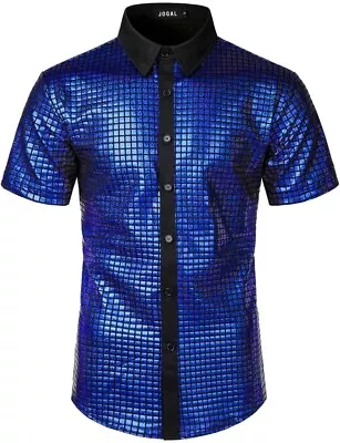 NEW Men's Slim Fit JOGAL Royal Blue METALLIC Nightclub Party SHIRT Costume M • $12