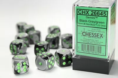 Chessex Gemini Black/Grey With Green 12 Dice Set - 6 Sided 16mm D6 Dice Block • $10.95