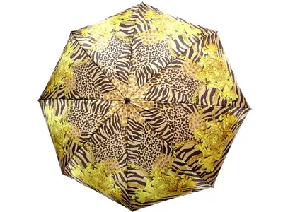 VERSACE Umbrella Folding Compact Gold Black Polyester Sunburst Leopard Women • $314