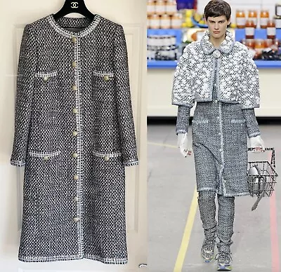 New Chanel 14a Supermarket Gray Silver Black White 14a Runway Tweed Coat 38 • £2550