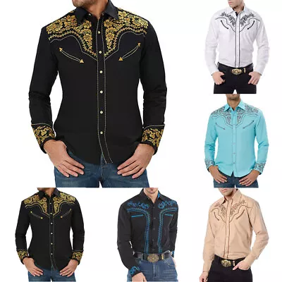 Mens Western Cowboy Shirt Long Sleeve Retro Embroidery Casual Buttons Down Shirt • $8