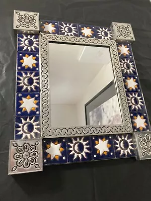 Vintage Mexican Blue Sun & Stars Talavera Tile Punched Tin Mirror 15 X13  • $24