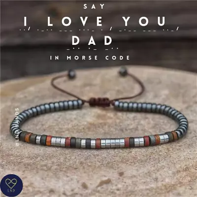 Morse Code I Love You Dad Hematite Picasso Jasper Bracelet Adjustable Bohemian • $15.72