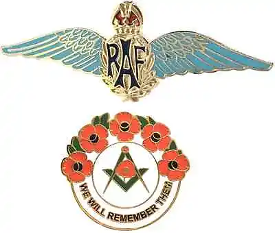 RAF Sweetheart Wings Blue Colour Brooch + Masonic We Will Remember Enamel Badge • £12.99