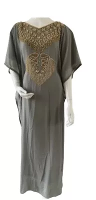 Ladies Jalabiya Farasha Diamante Dubai Abaya Maxi Dress Embroidery Lined(1)-Grey • £10