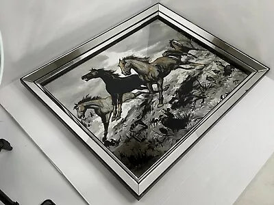 Vintage 1970s Hoyne Industries Mirror Stallions Horses Mirro-scene 32x26 • $249.99
