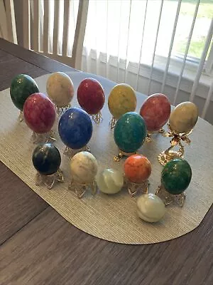 Lot Of 15 Vintage Alabaster/ Marble Eggs Assorted Colors & Sizes W/ Brass Stands • $45