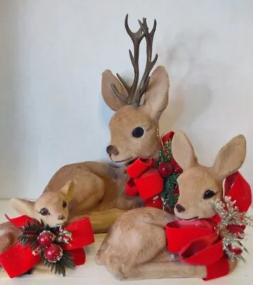 Vintage Flocked Plastic Deer Doe Fawn Christmas Decor Lot Of 3 Lying Down Bows • $15.50