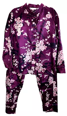 Kay Anna Womens Purple Floral 2 Piece Satin Pants Top Pajamas Set Size Large • $24.95