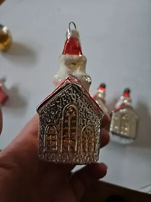 Vintage German Blown Mercury Glass Church & Mica Accents Xmas Ornament • $12.99