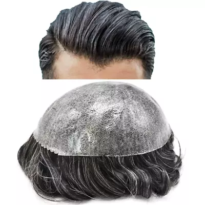Fashion Mens Human Hair Replacement Medium Skin Scalloped Toupee Hairpiece Wig • $17.99