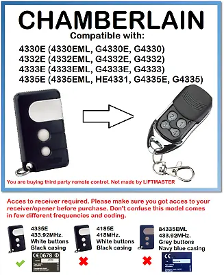 CHAMBERLAIN 4330E 4332E 4333E 4335E Compatible Remote Control 433.92MHz. • £9.99