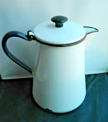 Vintage White Enamelware Navy Blue Trim Country Farmhouse 1/2 Gallon Coffee Pot • $32.95