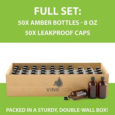 VINEVIDA 8oz Amber Boston Glass Bottles 50 Pack With Caps For Essential Oils • $52.99
