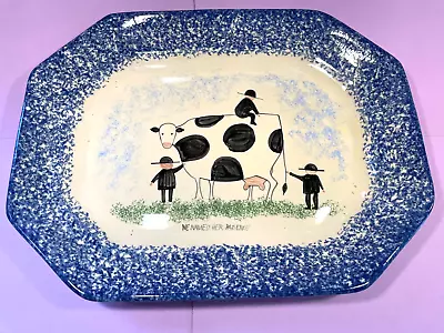 Molly Dallas Cows Blue Spatterware Platter 14.25  Amish  We Named Her Patience  • $29.99