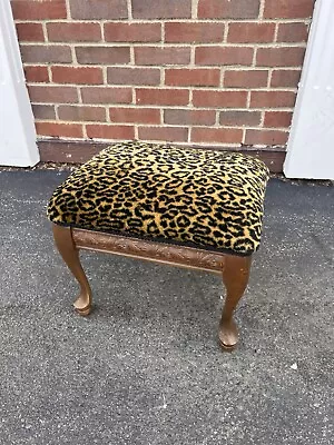 Antique Vintage Foot Stool Ottoman  Carved Wood Legs Reupholstered Leopard Print • $60