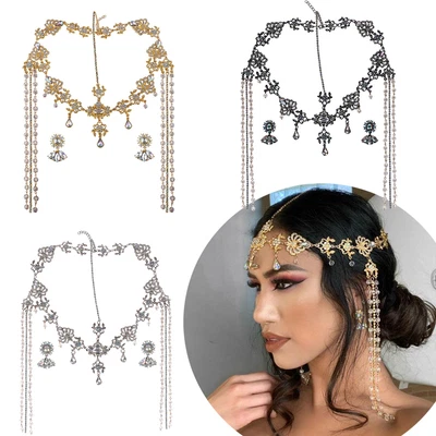 £14.39 • Buy Lady Tassel Rhinestone Head Chain Headpiece BOHO Band Headband Earrings Jewelry