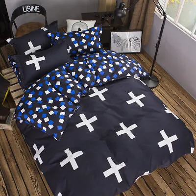 £15.77 • Buy Quilt Doona Duvet Cover Set Pillow Case Single/Double/Queen Size Bed Blue Cross
