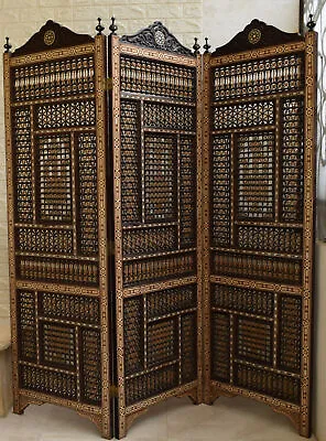 Vintage 2 Sided Inlaid Wood Latticework Screen Room Divider Mashrabiya Screen • $2640