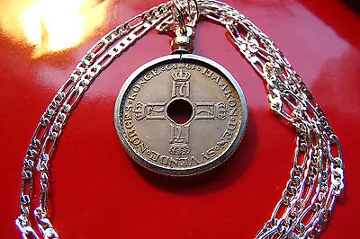 LUCKY 7's CROWNED  Norway ROYAL CROSS Coin Pendant 24  Italian Silver Chain • $68.61