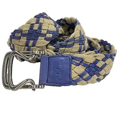 COLE HAAN Beige & Blue Braided Woven Canvas & Leather Rope D-Ring Belt Size M • $22.88