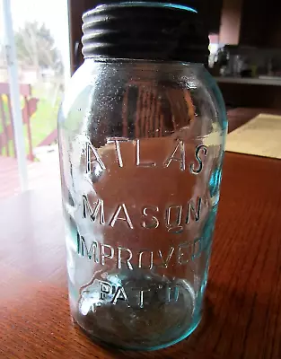 E1900s RB#145 Aqua ATLAS MASON IMPROVED PAT'D Fruit Jar 1/2G Bottle W/ Lid &band • $9.99