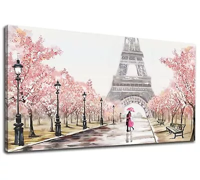 Pink Canvas Wall Art Paris Eiffel Tower Canvas Picture Couple On Fancy Pink S... • $201.28