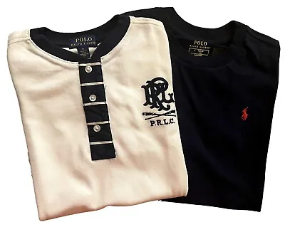 Boys Ralph Lauren Girls  T Shirt 2 Pack Logo Rowing Henley Plain Crew Navy Age 6 • £19.99