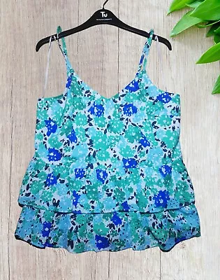 Cami Peplum Top V Neck Strappy TU Green Floral Layered Ladies Size 14 16 • £9.99