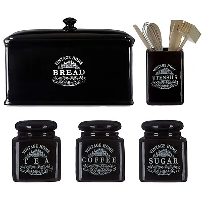 Vintage Home Black Ceramic Tea Coffee Sugar Canister Jars Bread Bin Food Storage • £13.50