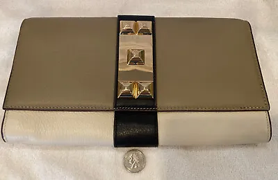 Vince Camuto Tan Cream Black Leather Clutch Purse Gold Studded Magnetic Closure  • $24.99