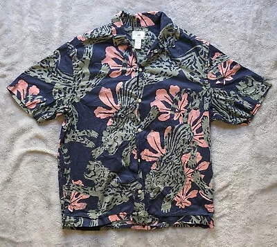 Men H&M Regular Fit Button Down Short Sleeve Floral Blue Lightweight- L • $15.99