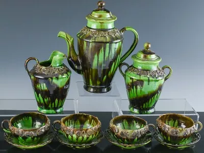 NICE 19thC ANTIQUE GREEN DRIP GLAZE MAJOLICA TEAPOT CREAM SUGAR CUPS SAUCERS SET • $37.86