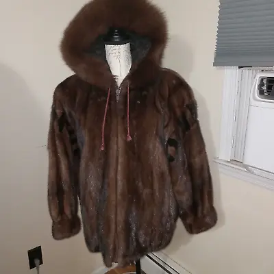Sexy Mink Fur Parka Jacket Coat.deep Fox Trim Hood.inlay Pattern On Arms.sz Lg. • $695