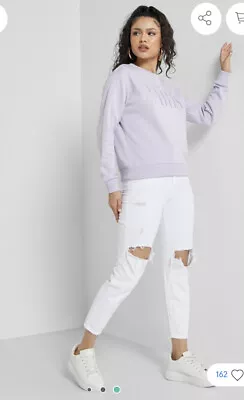 £21.90 • Buy River Island White Ripped Denim Carrie High Rise Mom Jeans UK 8R BNWOT! RRP £42